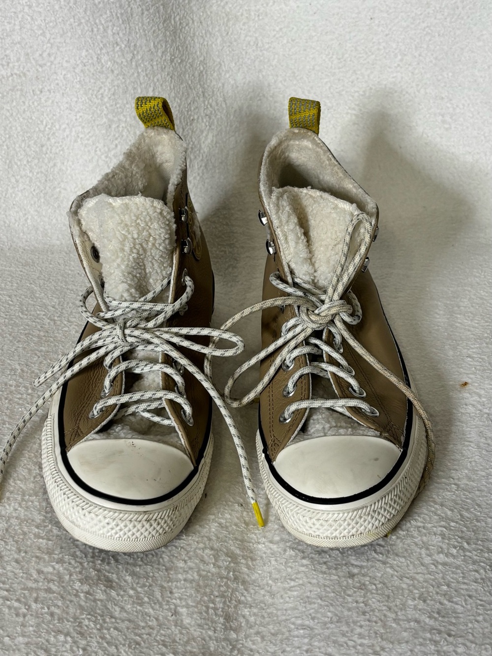 Converse Kids Tan High-Top Sneakers with White Sherpa Lining and Yellow Pull Tab